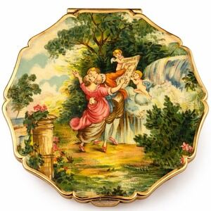 Vintage Stratton England Powder Compact Romantic Garden Scene Scalloped W/Screen